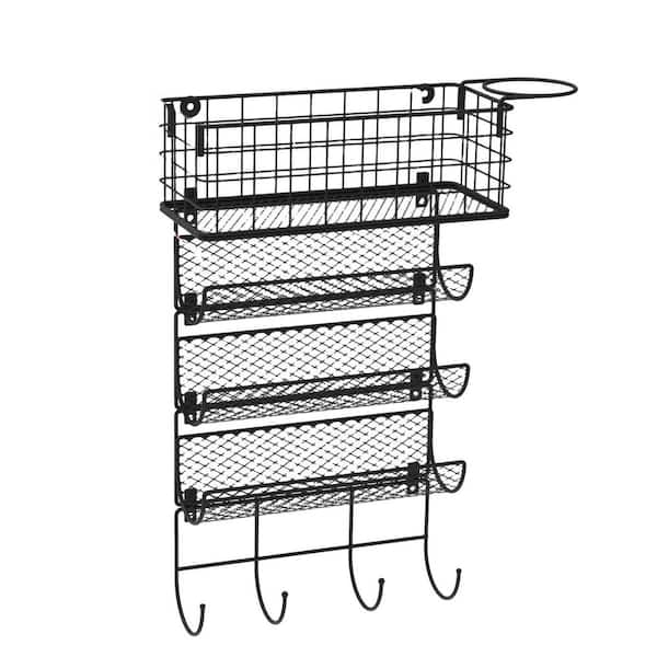 Multi-Functional Series Wall-Mounted, Door-Hanging Hair Tool Organizer, Wire Basket with Hook Heat Safe Rack, in Black