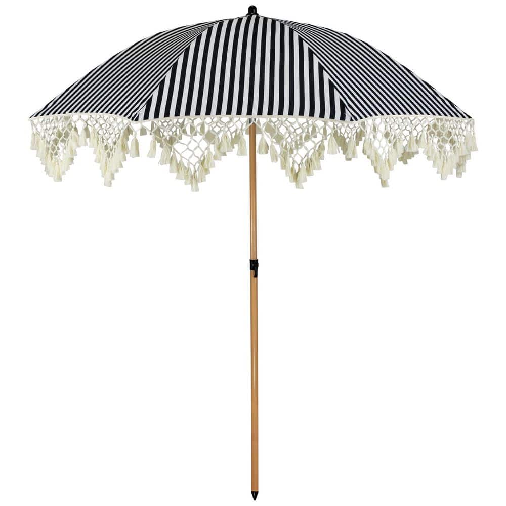 6.5 ft. Striped Outdoor Macrame Boho Beach Market Patio Umbrella with Tilt-78 in. Black and White price history on PriceWatchPro