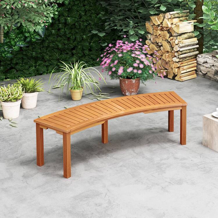 ANGELES HOME 58 in. L 3-Person Natural Acacia Wood Outdoor Bench, 800 lbs Weight Capacity, Curved Seat