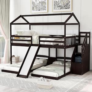 Espresso Full Over Twin and Twin Bunk Bed with Slide and Storage Staircase, Built-in Drawer and Shelf