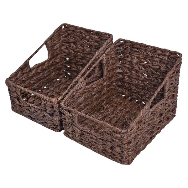 Afoxsos Brown Portable Plastic Hand Woven Wicker Organizer Baskets with Handles for Storage, Waterproof, Durable and Set of 2