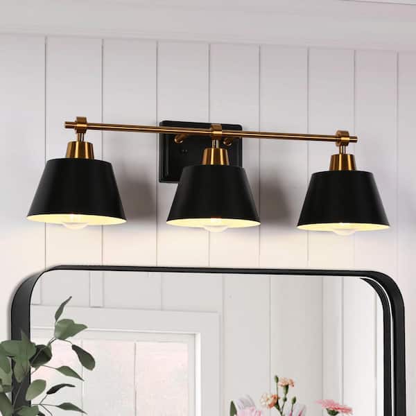 LNC Modern 24.6 in. 3-Light Black Vanity Light with Bell Black Metal Shades Brass Wall Light for Bathroom and Powder Room