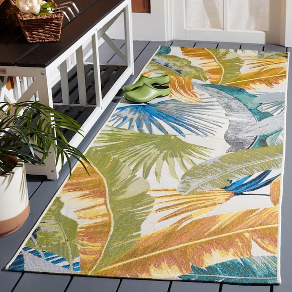 Barbados Runner Gold/Green 3 ft. x 10 ft. Tropical Leaf Indoor/Outdoor Area Rug