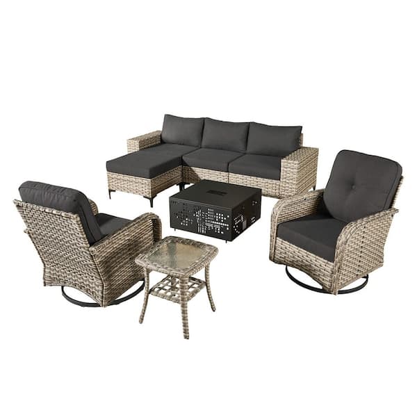 Sunny 8-Piece Wicker Outdoor Patio Conversation Sofa Set with Swivel Chairs, Solar-Lighted Table and Black Cushions