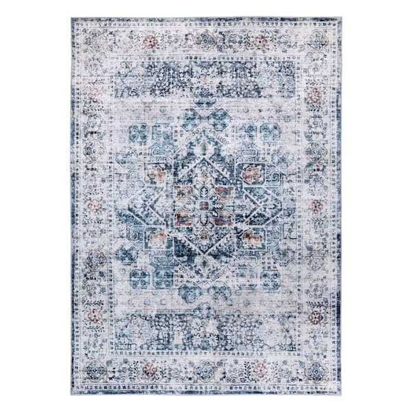 Delara Machine Washable Paisley Misty Azure 8 ft. x 10 ft. Kitchen/Bedroom/Living Room Indoor Area Rug