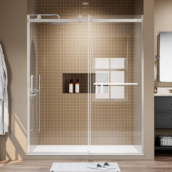 60 in. W x 72 in. H Frameless Alcove Sliding Shower Door, Installation Width 4 in. Adjusted, Easy Clean Glass, Nickel