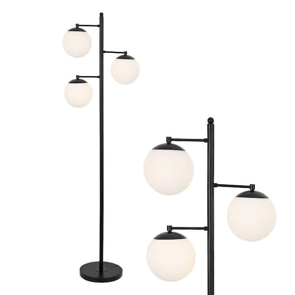 Ellie 66 in. Black/White 3-Light Mid-Century Modern Metal LED Tree Floor Lamp with Triple Frosted Globe Shades