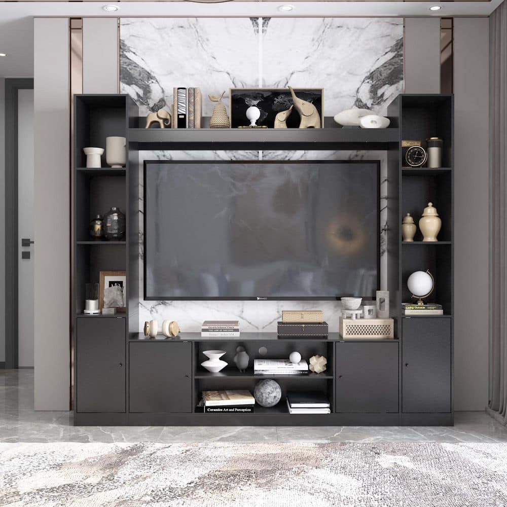 Black Wood Entertainment Centers TV Stand Fits TV's up to 57 in. with Open Shelves, Door Cabinets