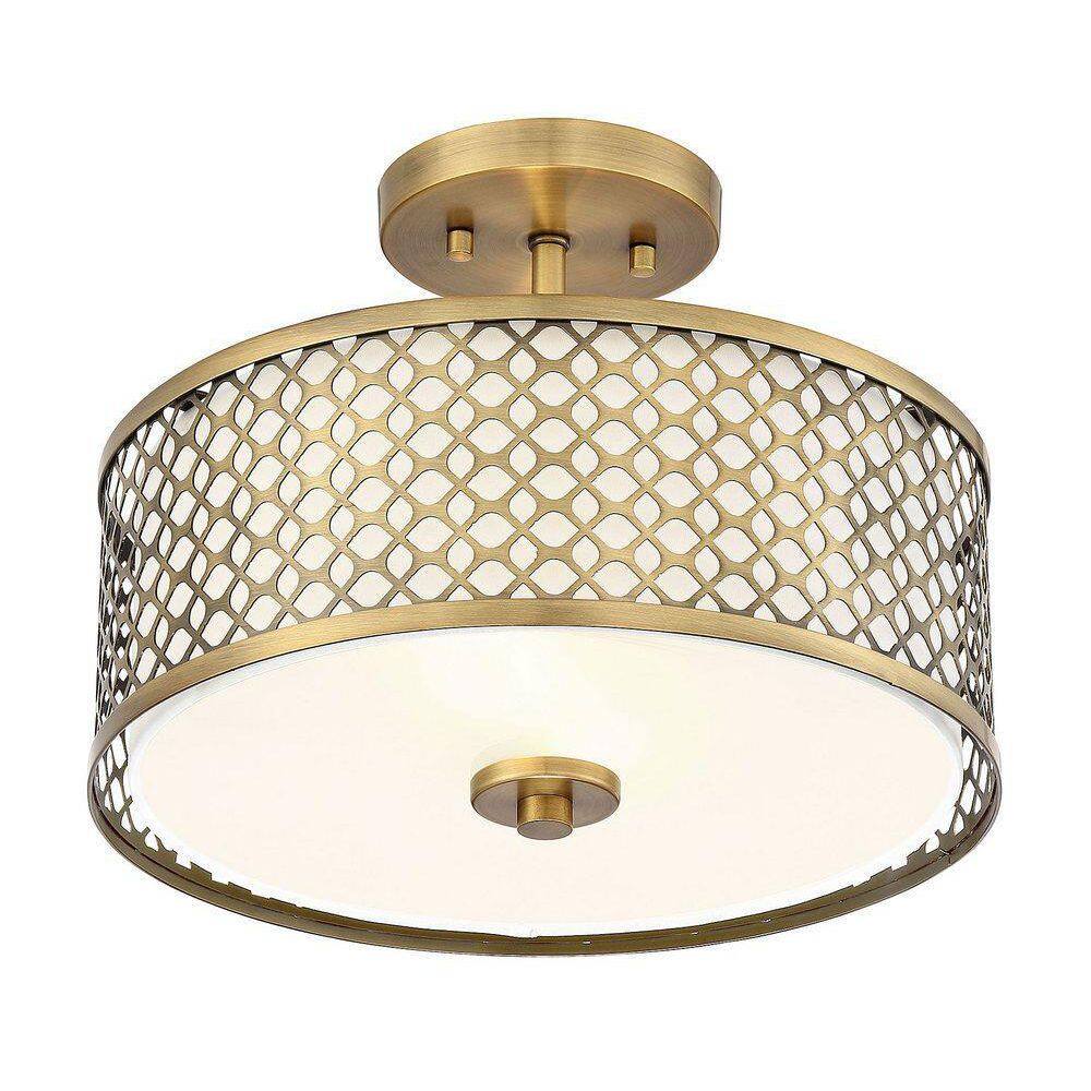 Meridian Elegance 2-Light Natural Brass Ceiling Light with Cream Fabric Shade