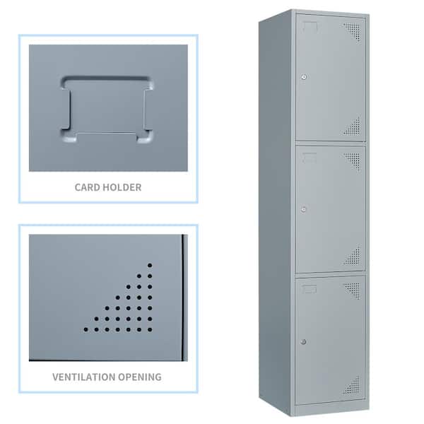 3-Tier Tall Locker Cabinet with Keys Metal Storage Loker 17 in. D x 15 in.  W x 71 in. H in Grey