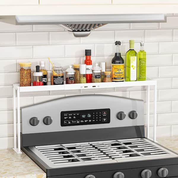 Spice Rack Shelf for Kitchen Stove, 4 Level Adjustable Height, Over the Stove Shelf for Curved Stove, White