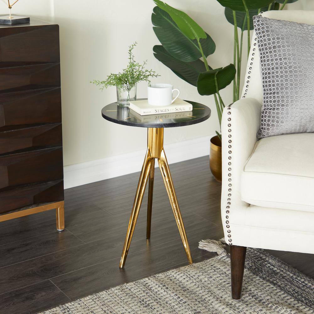 Litton Lane 15 in. Gold Large Round Marble End Accent Table with Black Marble Top 040203 - The ...