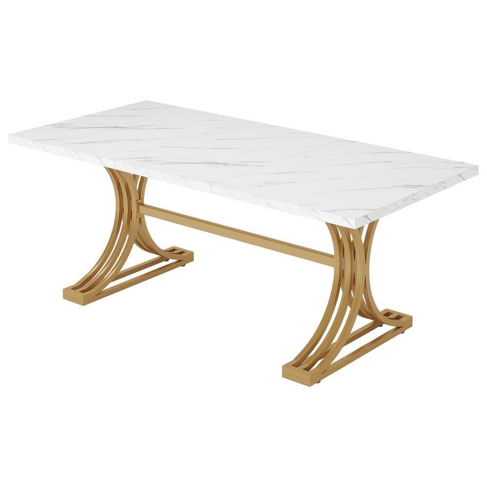 Roesler Modern White&Gold Wood 63 in. Double Pedestal Dining Table Seats 6 with Stylish Metal Trestle Legs,Only Table