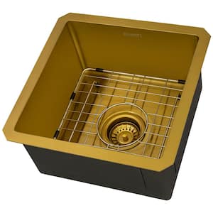 Terraza Gold 16 Gauge Stainless Steel 15 in. Undermount Bar Sink Matte Gold Satin Brass with Rinse Grid