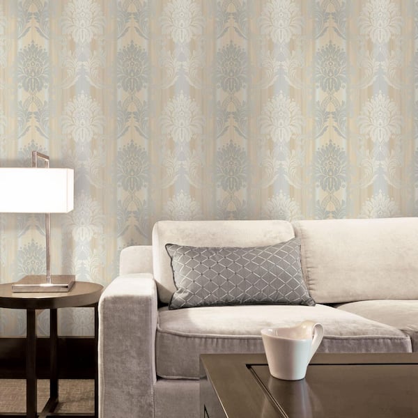 String Damask Wallpaper and Gray, Cream and Silver