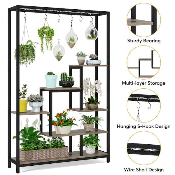 BYBLIGHT Wellston 70.86 in. Brown 5-Tier Wooden Indoor Plant Stand, Tall  Flower Rack with 10-Hook BB-JW0254GX - The Home Depot