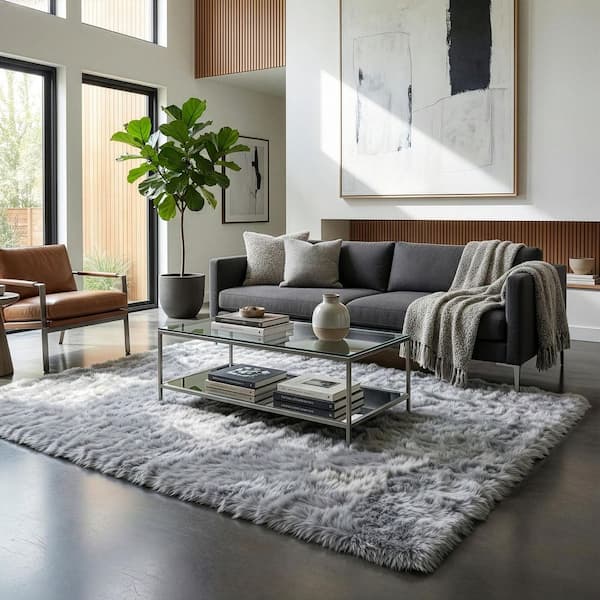 Auriel Grey 5 ft. x 7 ft. Faux Sheepskin Fur Rectangular Area Rug