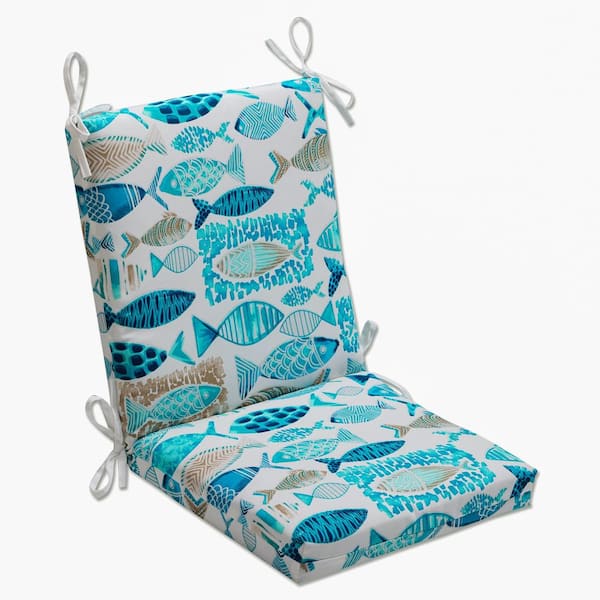 Pillow Perfect Tropical Outdoor/Indoor 18 in. W x 3 in. H Deep Seat, 1 Piece Chair Cushion and Square Corners in Blue/Tan Hooked