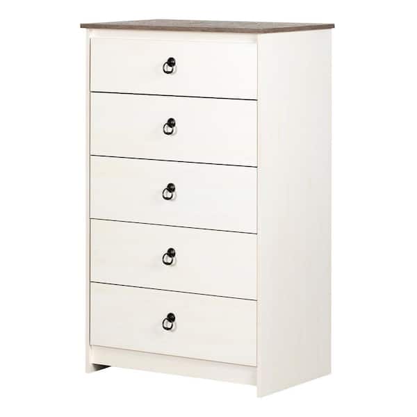 South Shore Plenny 5-Drawer White Wash and Weathered Oak Chest of Drawers