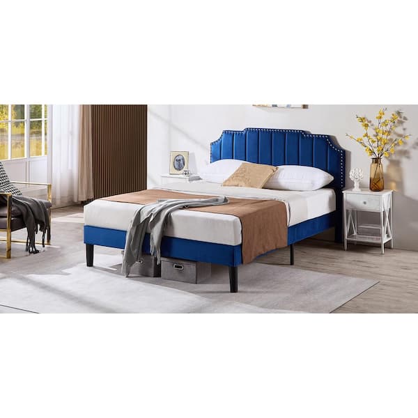 VECELO Upholstered Bed Blue Metal plus Wood Frame Full Platform