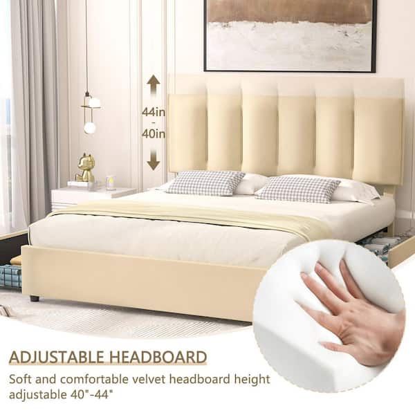 VECELO Upholstered Bed Frame, Beige Metal Frame King