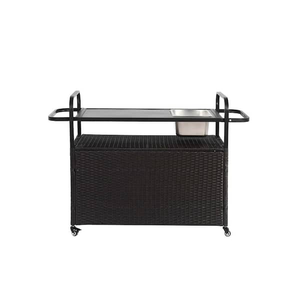 Zeus & Ruta Black Wicker Outdoor Bar Cart Patio Serving Cart Counter Table with Ice Bucket, Lockable Wheels, Side Basket
