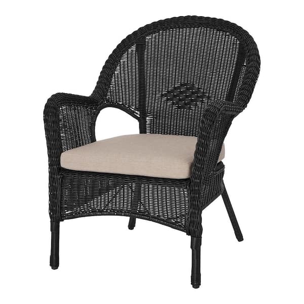 Photo 1 of Rosemont Stackable Black Steel Wicker Outdoor Patio Lounge Chair with Putty Tan Cushion