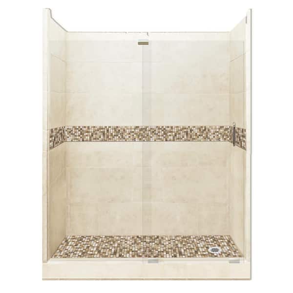 American Bath Factory Roma Grand Slider 42 in. x 60 in. x 80 in. Right Drain Alcove Shower Kit in Desert Sand and Satin Nickel Hardware