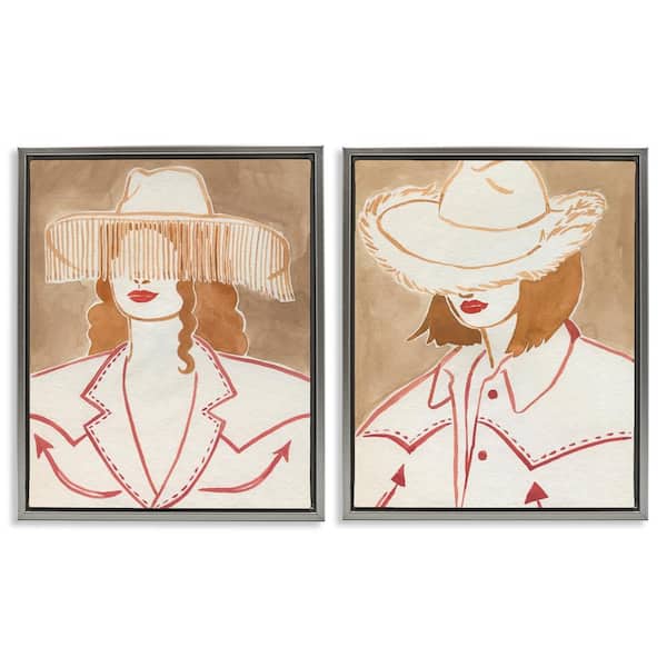 Stupell Industries Boho Cowgirls in Hats by Grace Popp 2-Pieces Gray Floater Frame People Graphic Art Print 21 in. x 17 in.