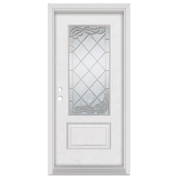 Stanley Doors 36 in. x 80 in. Art Deco Right-Hand Inswing 3/4 Lite Brass Finished Fiberglass Oak Woodgrain Prehung Front Door