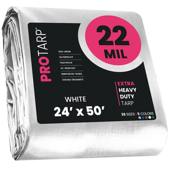 PROTARP 24 ft. x 50 ft. White 22 Mil Heavy Duty Polyethylene Tarp, Waterproof, UV Resistant, Rip and Tear Proof
