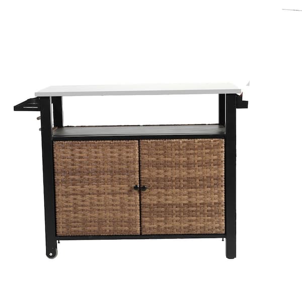 47 in. W Brown Wicker Outdoor Grill Cart with Stainless Steel Top, Wine Glass Rack and Storage Cabinet