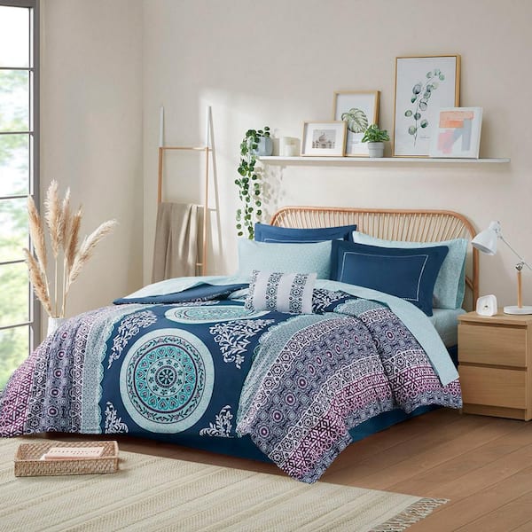 NEW! Blue Floral BOHO Cotton outlet Flax QUEEN Quilt Set with Bedskirt