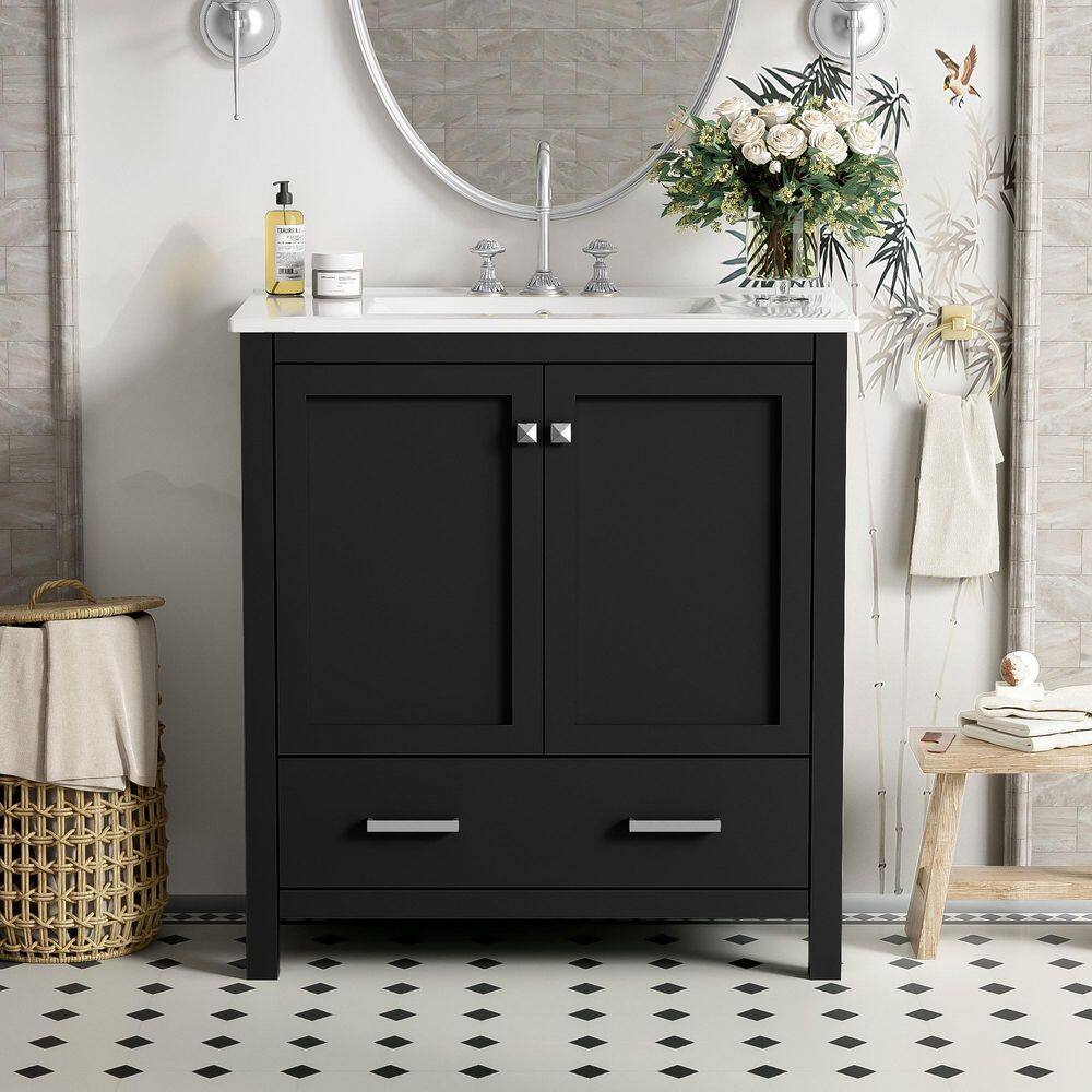 30 in. W Freestanding Single Sink Solid Wood Frame Bath Vanity in Black with White Ceramic Top price history on PriceWatchPro