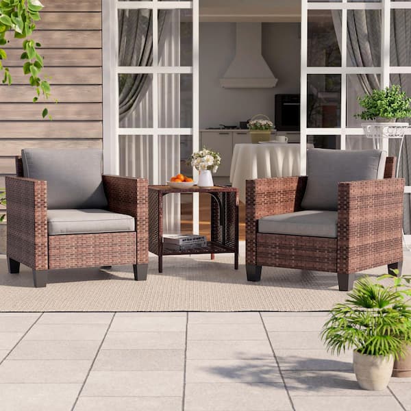 Sonkuki 3-Piece Brown Wicker Patio Outdoor Single Sofa Set Set with Side Table Gray Cushion