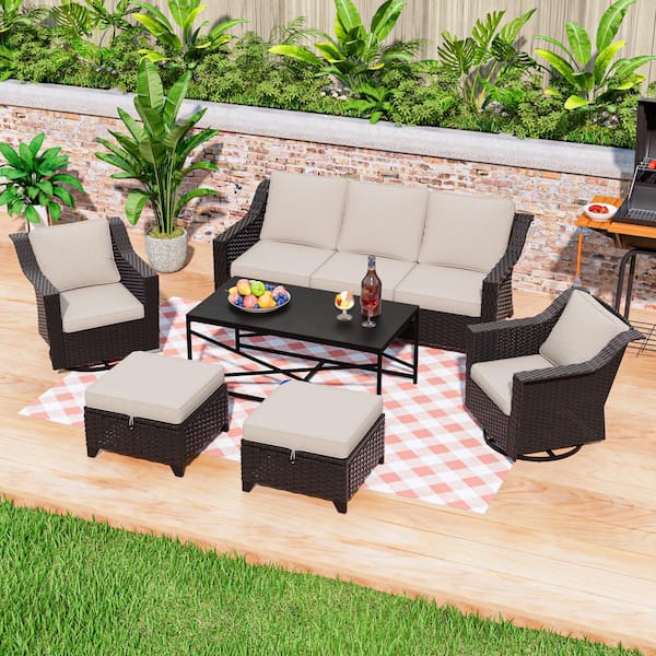6-Piece Wicker Swivel Rocking Chairs Outdoor Patio Conversation Set with Beige Cushions and Coffee Table