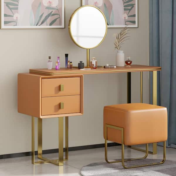 Magic Home Modern Orange Dresser Makeup Table with Mirror and Stool Bedroom Furniture with 2 Drawers 30 in. x 47 in. x 16 in.