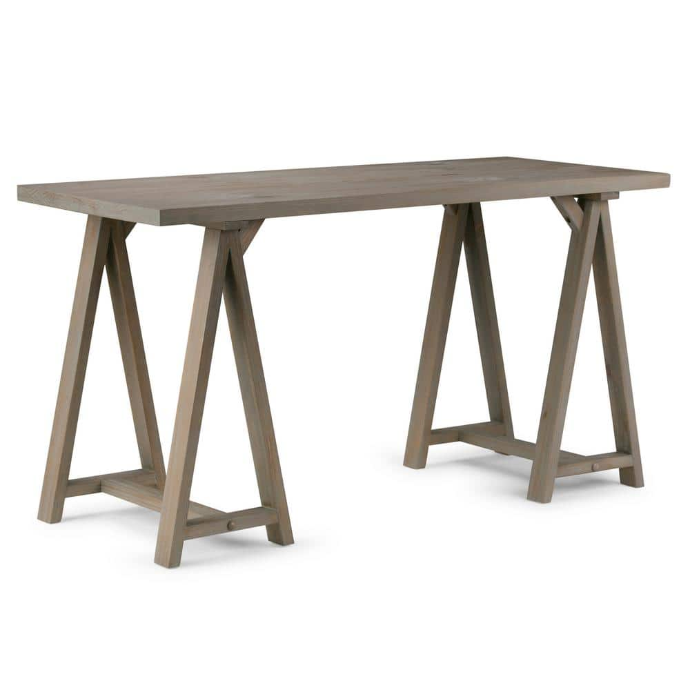 Simpli Home Sawhorse Solid Wood Modern Industrial 56 in. Wide Writing Desk in Distressed Grey