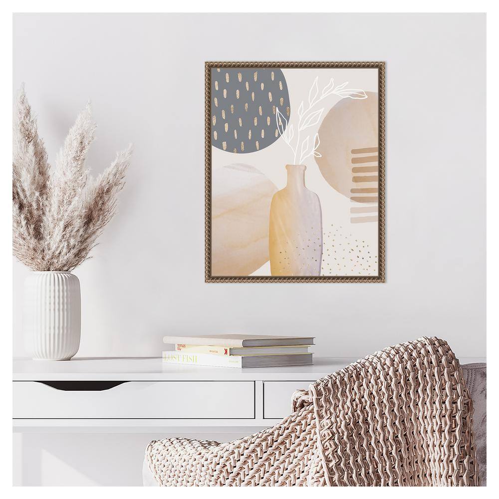 Mid-Century Floral II Beige and Gray Canvas Print with Bronze Frame