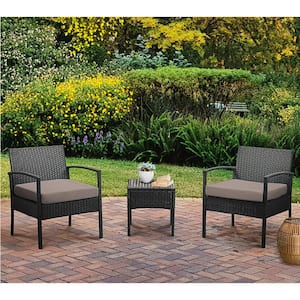 3-Pieces Wicker Patio Conversation Set 2-People Rattan Sofa Seating and Coffee Table Group Outdoor Set w/ Sand Cushions