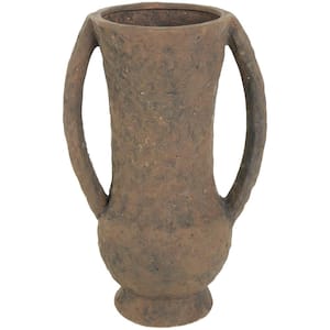 Dark Brown Handmade Textured Amphora Ceramic Decorative Vase with Two Long Handles