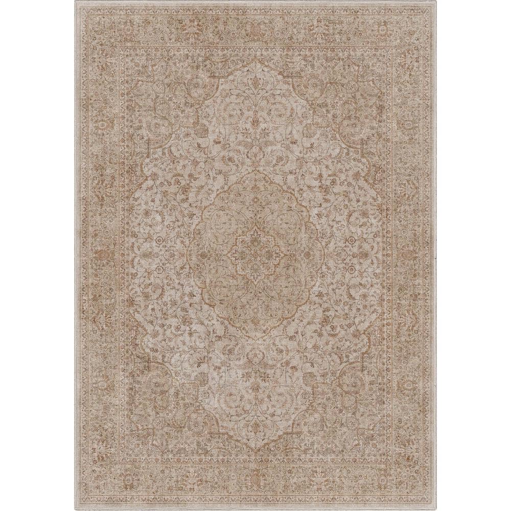 Beige and Brown Chenille Oriental Flat-Weave Rug