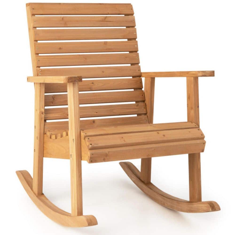 1-Piece Wood Outdoor Rocking Chair with High Backrest