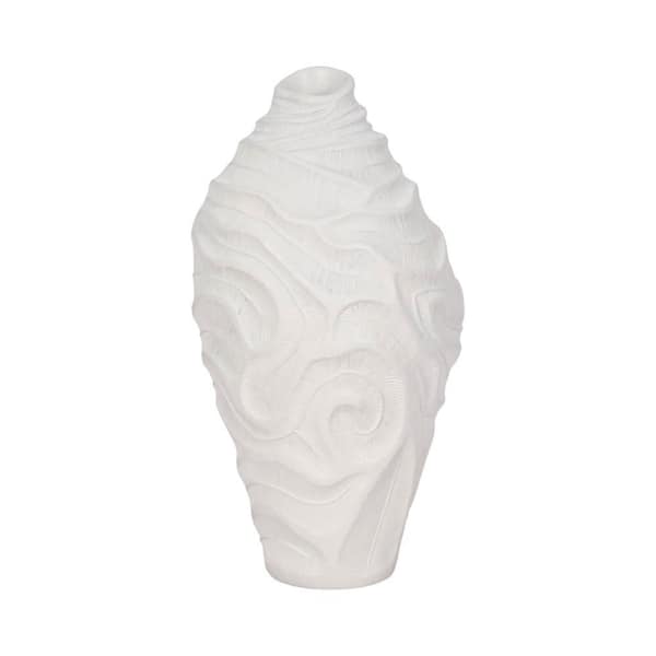 16 in. White Resin Round Solid Coastal Coral Decorative Vase