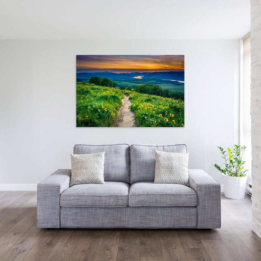 16 in. x 24 in. ""Wildflowers and view of the Columbia River Gorge at sunset, in Oregon"" Printed Metal Wall Art