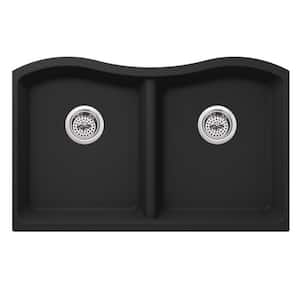 Undermount Quartz 32-1/2 in. 50/50 Double Bowl Kitchen Sink in Onyx Black