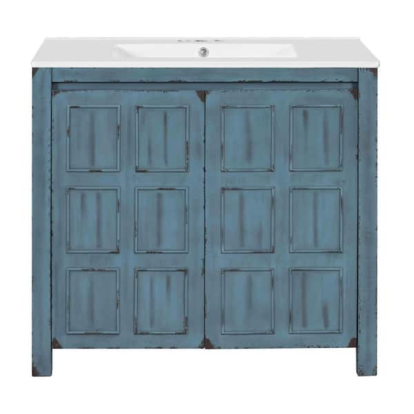 36 in. Single Sink Freestanding Blue Bath Vanity with White Resin Top, Adjustable Shelves, Invisible Handle