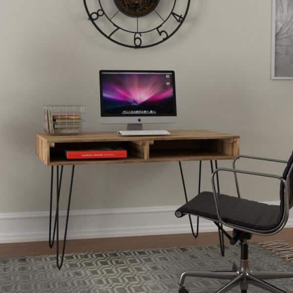 Nathan James Parker Modern Home Office Writing Computer or Laptop Desk with Open Storage Cubby and Small Drawer Walnut