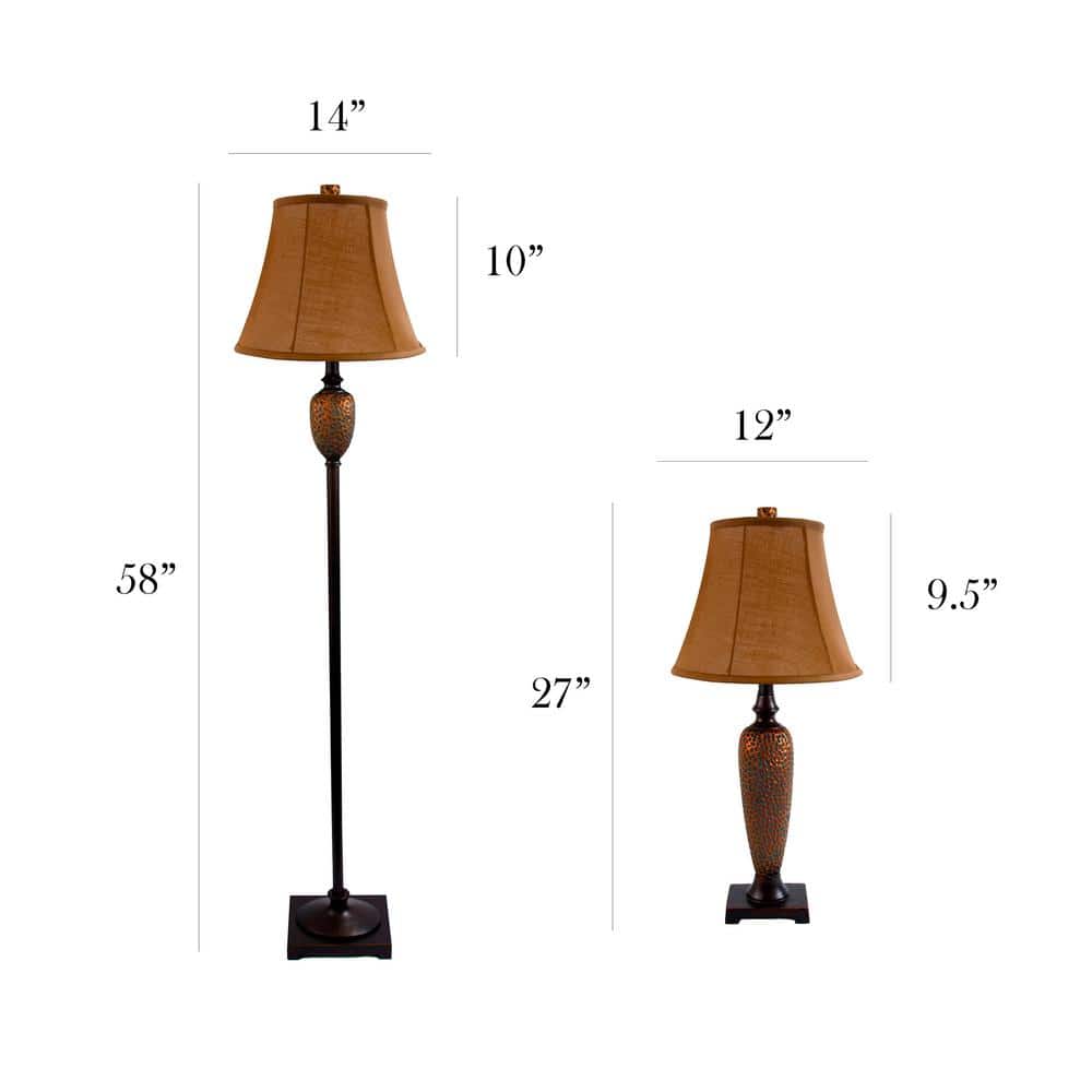 Hammered Bronze 3-Way Switch Lamp Set with Light Brown Shades