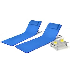 Silver 3-Piece Metal Outdoor Beach Lounge Chair Mat 2-Pack Adjustable Lounge Chairs with Table Blue